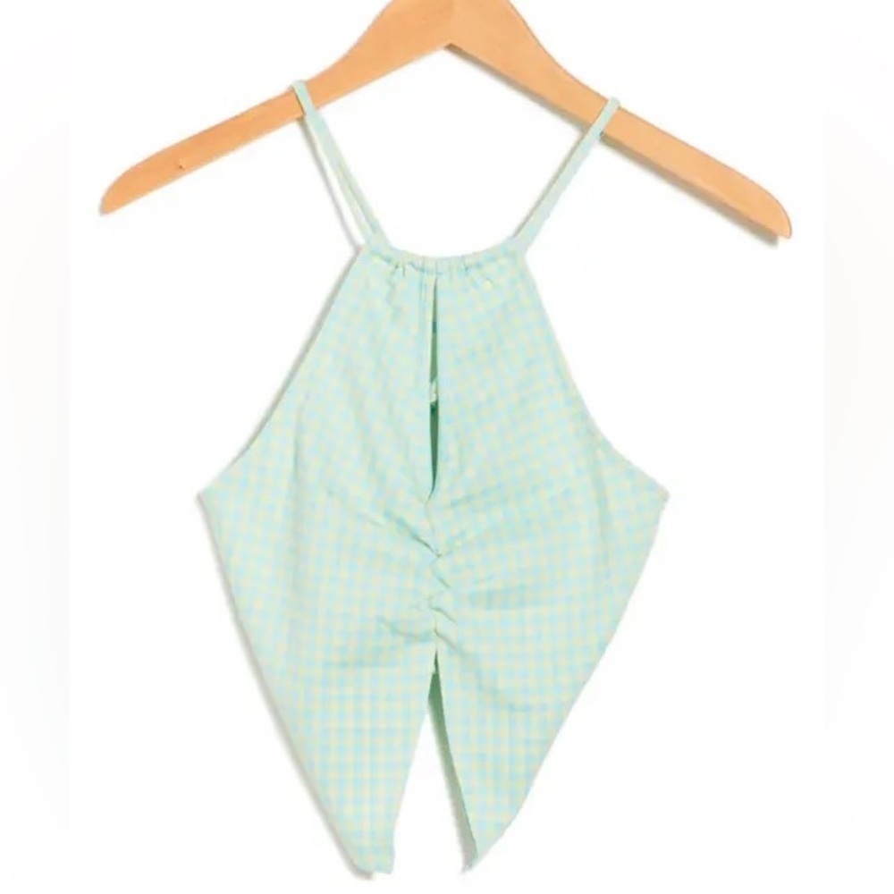 NEW Elodie Nordstrom Checkered Knit Halter Top Green Lemon Size XL Plaid 90s Y2K